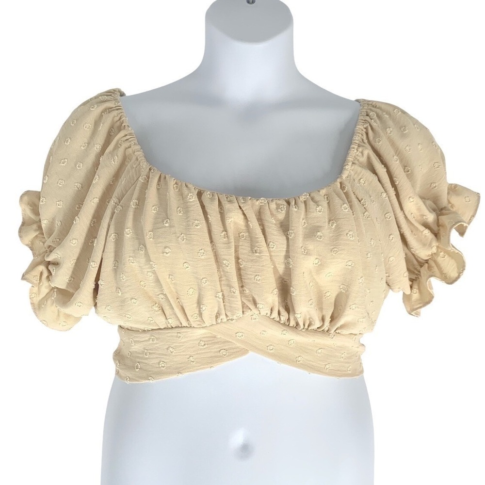 Cream Swiss Dot Off Shoulder Crop Top Tie Back Romantic BohoSize 14 Ren Fair